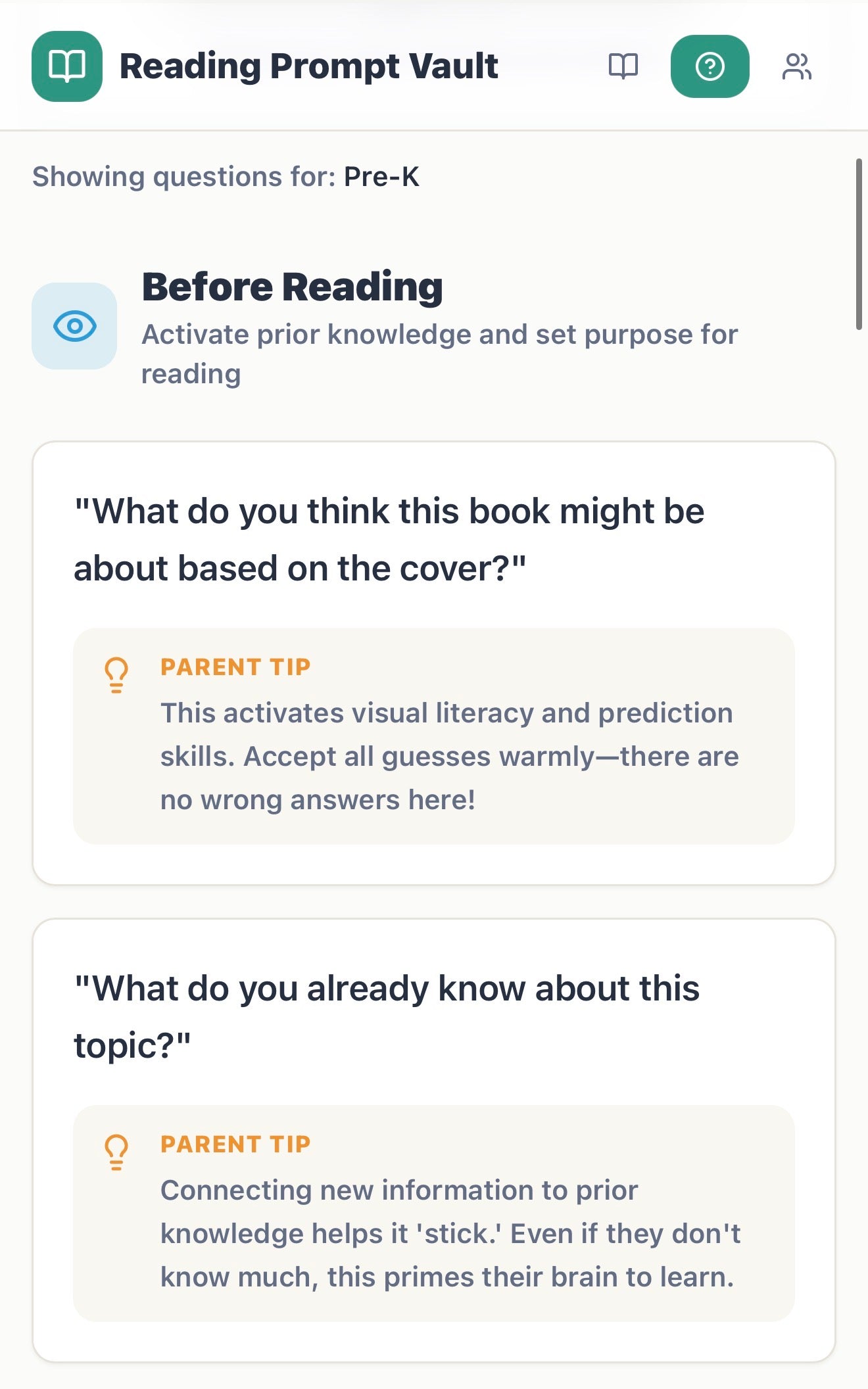 Reading Prompts Vault for Parents